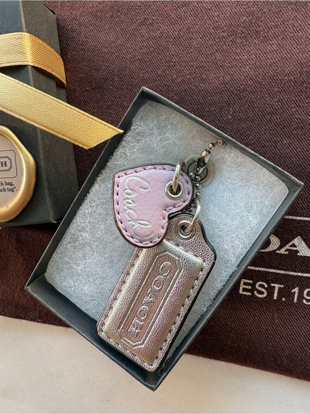 🦄 Coach 𝑅𝑎𝑟𝑒 𝑉𝑖𝑛𝑡𝑎𝑔𝑒 Y2K HTF SET Hang Tag Purple Heart Vintage Leather Bag Charm